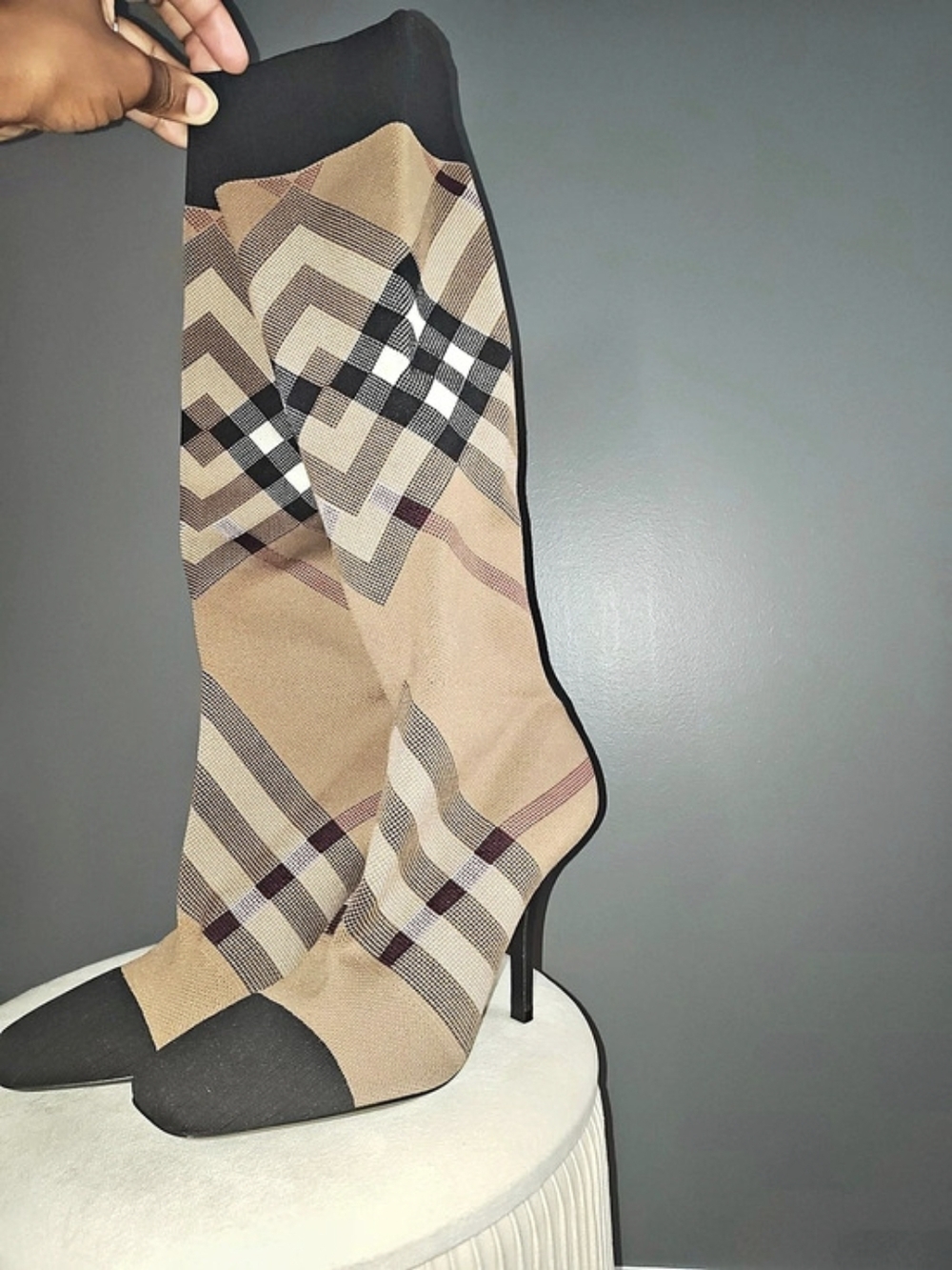Burberry Check Stretch Knit Sock Boots Brown & Black US 36.5